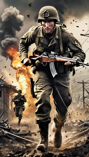 soldier, World War II, Call of Duty 5: World at War theme, military uniform, M1 Garand rifle, combat boots, helmet, dirt and mud textures, war-torn village, destroyed buildings, barbed wire fences, ta