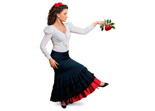 Atardeceres images, Andalusian woman, mature lady, flamenco dancer, solo, (35yo), beautiful detailed eyes, light blush, curly brown hair, golden earrings, red rose in hair, traditional flamenco dress,