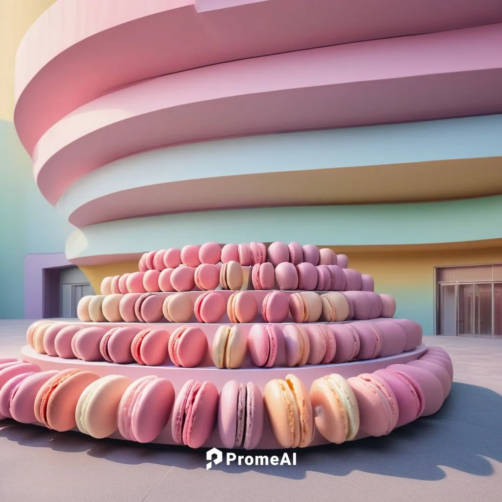 theater building where the seating and exterior facade mimic layers of macarons, with different sections featuring pastel colors. The rounded shapes and smooth surfaces resemble the curves of the swee