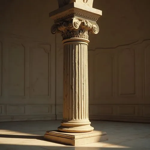 Ornate column, Corinthian capital, fluted shaft, limestone material, ornamental carvings, acanthus leaf motifs, Renaissance-inspired design, classical proportions, elegant curves, subtle shadows, warm