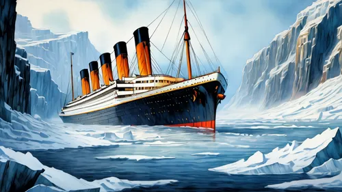 RMS Titanic sinking amidst the icy crags, watercolor style as if trending on ArtStation, sharp focus, resembling a studio photograph, intricate frost details clinging to its hull, highly detailed in t