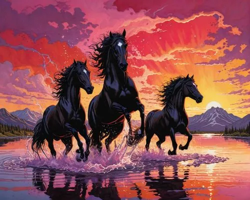 horses splashing water in a lake under red, gold, pink sky,three horse are running in the water with their reflections on them,bay horses,wild horses,horses,beautiful horses,pegasys,black horse,Illust