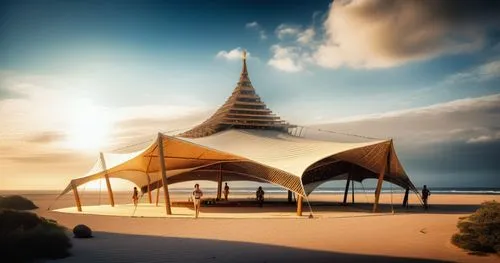 Modern architectural structure is a large tent with warm colored tensioned fabric, like a temple in the middle of jungle an ecovillage with plenty of Atlantic forest vegetation, structure with masts a