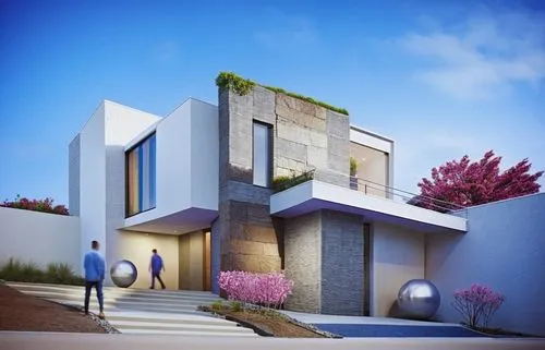 two people walking by a modern building with flowers on the windows,modern house,modern architecture,cubic house,residential house,3d rendering,cube house,Photography,General,Sci-Fi