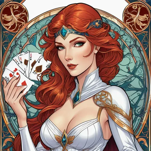 poker primrose,queen of hearts,playing card,playing cards,deck of cards,vanessa (butterfly),card deck,spades,sorceress,gambler,tarot cards,nami,magician,cards,celtic queen,venetia,mucha,game illustration,tarot,poker,Illustration,Retro,Retro 13