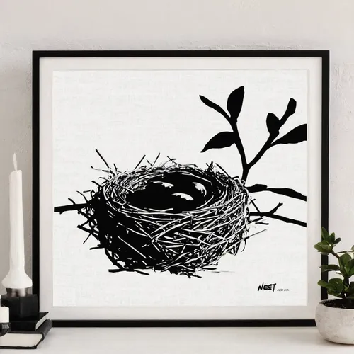 (SOLD) NEST NS-16x16-2019-265, 2019,charcoal nest,bird nest,bird nests,nest easter,robin's nest,bird's nest,nest,nesting place,spring nest,bird home,floral and bird frame,tree's nest,easter nest,nest 