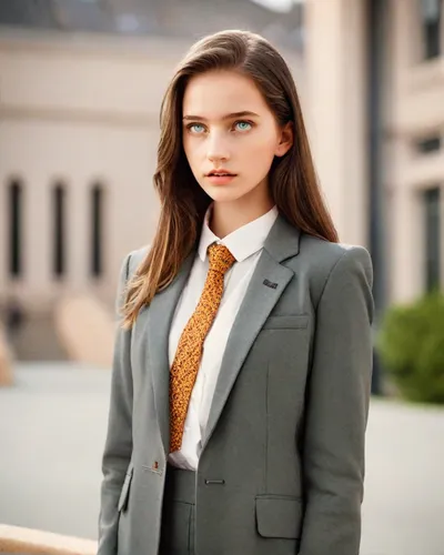 Standing student inside elite school with private high school uniform,business girl,business woman,businesswoman,woman in menswear,navy suit,menswear for women,secretary,suit,tie,marble collegiate,fem