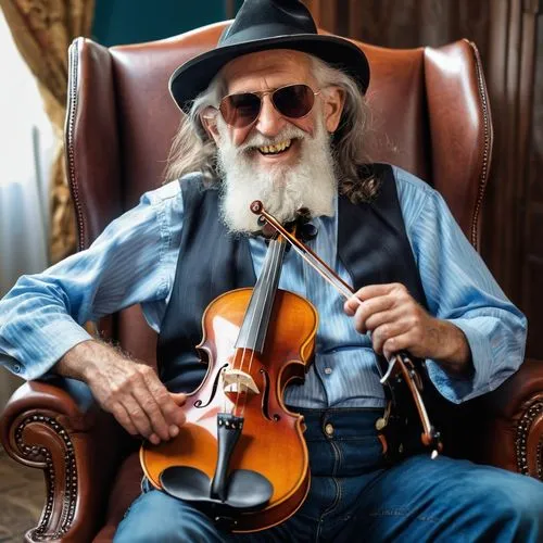 Happy crazy old bearded man with a fiddle with long hair and shades wearing a hat sitting in a chair in suspenders ,fiddler,violin player,itinerant musician,folk music,bağlama,fiddle,banjo player,viol