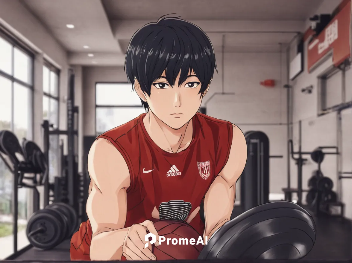 Kageyama Tobio practicing alone in the gym,fitness room,sports training,fitness center,workout,sports exercise,weightlifting,training,weight lifting,weight training,medicine ball,physical exercise,fit