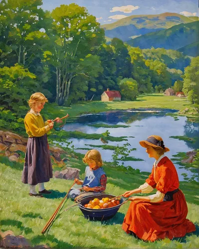 children studying,girl picking apples,children learning,children playing,parents with children,children drawing,school children,girl on the river,parents and children,village scene,people fishing,the mother and children,happy children playing in the forest,idyllic,idyll,mother with children,blessing of children,river landscape,picnic,child in park,Art,Classical Oil Painting,Classical Oil Painting 23