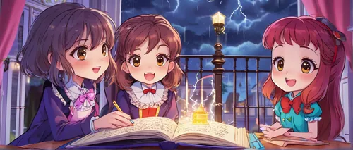 Write a suspenseful scene featuring Kellybook in a haunted mansion during a thunderstorm.,magic book,song book,children studying,magic grimoire,music book,guide book,open book,reading,novels,hymn book