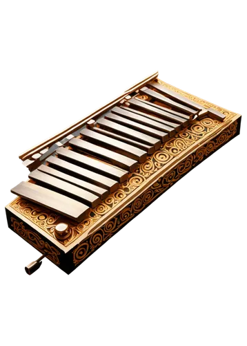 Xylophone instrument, shiny metal keys, wooden resonance box, bright golden finish, intricate carvings, music stand, solo, morning light, soft focus, 3/4 composition, warm tone, cinematic lighting.,a 