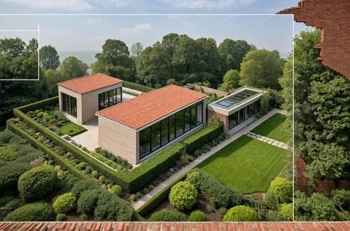 the aerial view of this house shows the garden, large lawn and roof,garden elevation,villa,private estate,villa balbiano,3d rendering,bendemeer estates,Photography,General,Natural