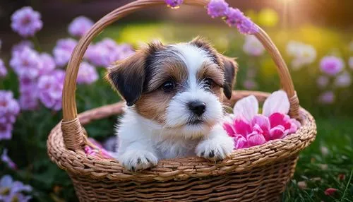 Adorable Jack Russell and Shih Tzu mix puppies, playful, curious, fluffy white and brown fur, big round eyes, floppy ears, tiny nose, pink tongue, sitting, lying down, running, playing, sniffing, cudd