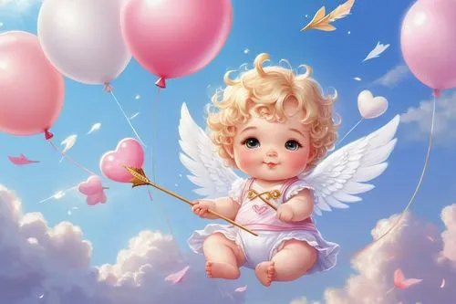 Chibi Cupid, baby-faced, winged, chubby cheeks, rosy lips, curly blonde hair, tiny nose, sparkly eyes, innocent smile, holding a miniature arrow, wearing a diaper, soft pastel pink and white wings, si