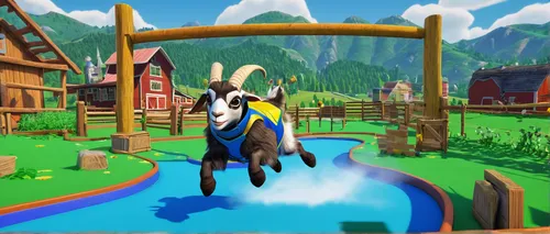 animated goat, playful pose, curved horns, fluffy fur, mischievous expression, dynamic action, jumping, headbutting, farm setting, green pastures, wooden fences, barn, additional goats, diverse breeds