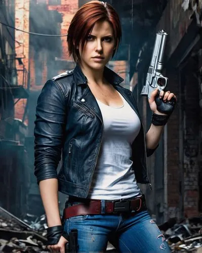 Claire Redfield, strong mature lady, determined facial expression, short brown hair, minimal makeup, white tank top, black leather jacket, blue jeans, combat boots, holding gun, standing heroically, a