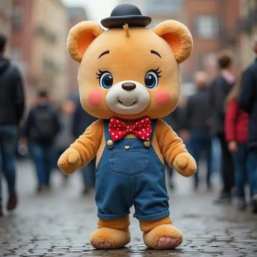 Big adorable young chubby jolly happy cartoon light brown teddy bear baby cub costume mascot with rose cheeks with tiny blue eyes with small eyelashes with tiny smile with a small tooth with big red p