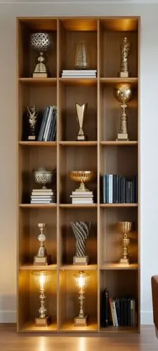 Photorealistic image of a natural oak bookshelf, left section with open shelves, right two sections enclosed with glass doors, displaying various awards (mix of gold, silver, and colorful ones) on she