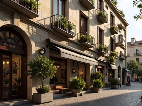 Whimsical boutique store, ornate ironwork balconies, distressed stone walls, vintage signage, flower-filled window boxes, soft warm lighting, grand archways, intricate stonework, curved lines, romanti