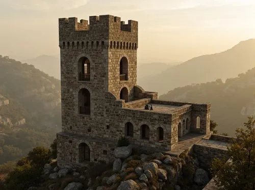 Rustic Romanesque tower, rough-hewn stone walls, weathered fa\u00e7ade, arched windows, ornate carvings, intricate stonework, textured surfaces, rugged battlements, medieval architecture, fortified st