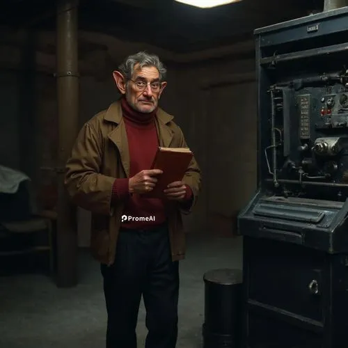 Old man in black pants in a basement next to a machine with buttons with a lever with desk and a chair with a broken portal ,a man standing in front of an antique machine,kieslowski,man with a compute