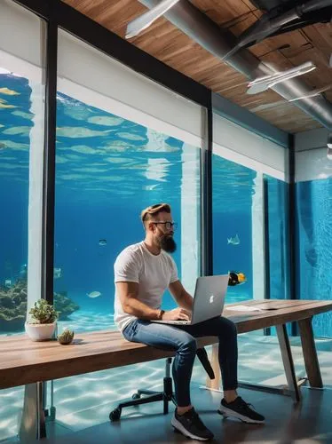 Modern architectural design, YouTube studio, male creator, 30s, beard, glasses, casual wear, white shirt, jeans, sneakers, standing, gesturing, explaining, blue screen behind, minimalistic decor, wood