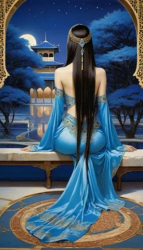 rem in arabian nights,fantasy picture,amphitrite,blue moon rose,blue enchantress,thingol,Illustration,Realistic Fantasy,Realistic Fantasy 08