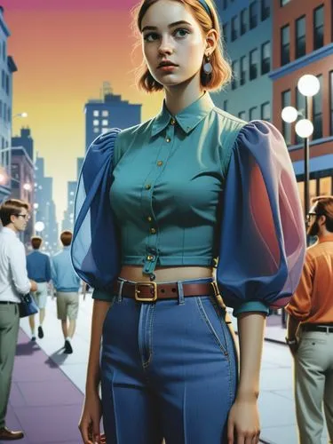 Design a funny comic page for a youth magazine in rich colors (RGB).,a lady standing in front of people with red hair,retro woman,retro women,retro girl,pitchwoman,scummvm,vintage fashion,Illustration