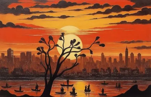 sunset in africa ,red sun,oil painting on canvas,orange sky,manhattan skyline,post-apocalyptic landscape,art painting,oil on canvas,lacombe,ohudson,goodsell,new york skyline,danshui,david bates,orange