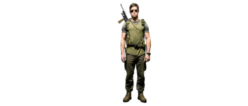 military man, strong facial features, short brown hair, serious expression, aviator sunglasses, camouflage uniform, combat boots, muscular arms, holding rifle, standing at attention, dramatic lighting