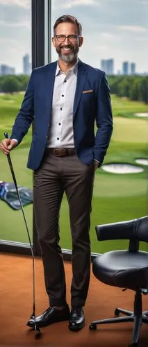 Business casual, mature man, 40s, short brown hair, glasses, beard, smiling, confident posture, white button-down shirt, dark blue blazer, black trousers, black leather shoes, holding a golf club, Top