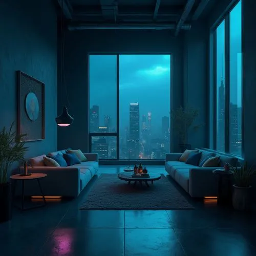 apartment lounge,apartment,an apartment,livingroom,blue room,living room,atmospheres,sky apartment,modern room,vapor,cyberpunk,3d render,environments,indoors,ambience,atmosfera,cyberscene,soir,urban,aesthetic,Photography,General,Realistic