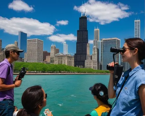 Chicago Architecture Foundation boat tour, sunny day, calm Lake Michigan waters, First Lady Cruises ship, tourists wearing casual summer clothing, holding binoculars, taking photos, knowledgeable guid