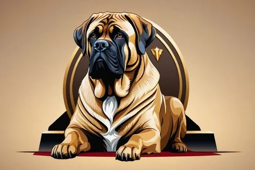 Mastiff, logo, noble dog breed, majestic posture, sitting, powerful chest, muscular legs, short coat, fawn color, loyal eyes, serious facial expression, 3D emblem, metallic texture, golden rim, bold f