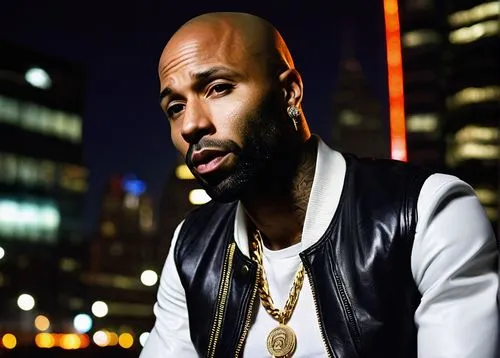 Joe Budden, rapper, solo, (40yo), detailed facial features, short beard, gold chain, black leather jacket, white shirt, dark denim jeans, sneakers, microphone, confident posture, urban background, cit