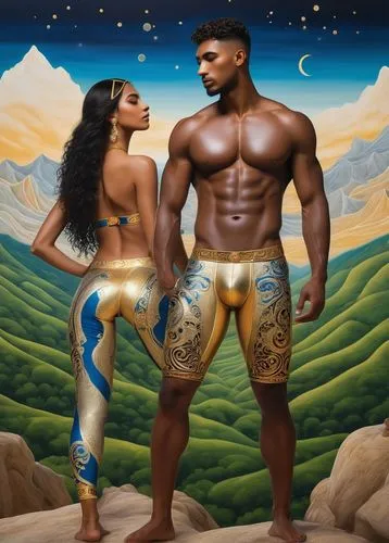 orishas,black couple,bodypainting,afrofuturism,barsoom,bodypaint,body painting,polynesians,fantasy art,amazonians,fantasy picture,aladdin,polykleitos,aladin,centaurs,sagat,tretchikoff,adam and eve,mythography,buakaw,Art,Classical Oil Painting,Classical Oil Painting 29