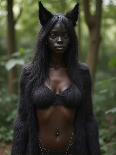 A middle-aged woman with cat ears, whose intense black body hair is reminiscent of a cat, stands in a tree garden and is actually only wearing a bikini top covered with fur.,a woman with a weird face 