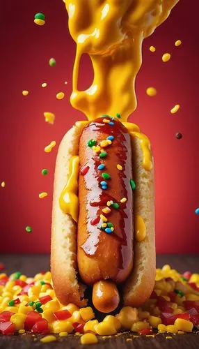 Food poster, corn dog, golden brown crispy cornbread, juicy hotdog, ketchup and mustard drips, colorful sprinkles, vibrant red and yellow background, bold fonts, catchy slogan, urban street food stall