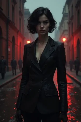 A woman with short, black hair dressed in a man's suit. She is impersonating a man. She is standing on a street in a city reminiscent of Moscow in the 1920s, but built of red brick.,a woman standing o