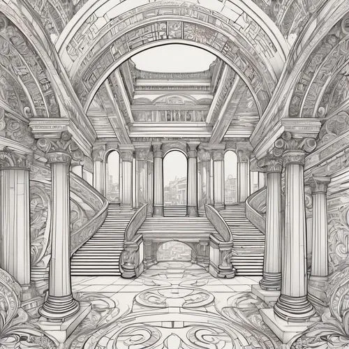 marble palace,piranesi,cochere,hall of the fallen,colonnaded,columns,pillars,neoclassical,proscenium,ornate room,chamber,serapeum,celsus library,mausoleum ruins,marble pattern,antechamber,pantheon,tombs,borromini,labyrinthian,Illustration,Black and White,Black and White 05