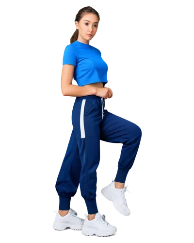 New sporty sneakers, white and blue colorblock, lace-up, thick sole, shiny material, metallic eyelets, worn by a young adult, standing pose, relaxed atmosphere, softbox lighting, 3/4 composition, shal