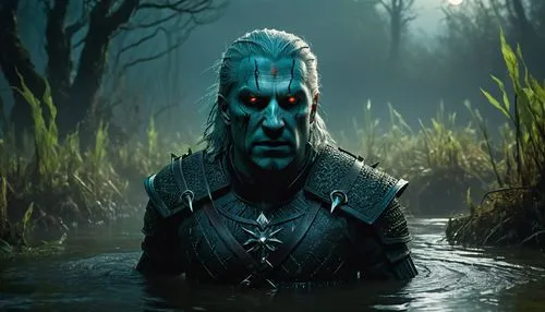 Uma criatura da serie "The Witcher". Drowners emergindo das águas escuras de um pântano, com pele verde-azulada e olhos brilhantes adaptados para enxergar em pouca luz. Cenário: Pântano sombrio com ág