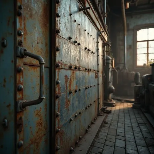 Industrial background, galvanized steel material, metallic texture, rusty tone, worn-out surface, bolts and screws details, old factory setting, abandoned machinery, vines climbing on walls, broken wi