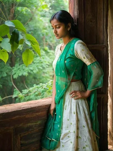 This picture shows a young Indian Lady in a light-colored dress standing at a window. Her gaze is directed outside and she appears to be pensive. Bright colors. The surroundings outside appear green a