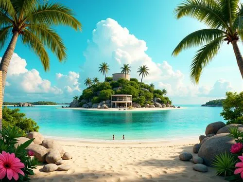 Vibrant tropical island, turquoise lagoon, warm sandy beach, palm tree silhouettes, exotic floral patterns, bright coral reefs, sunny day, soft warm lighting, pastel hues, creamy whites, rich woods, n