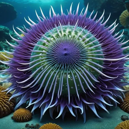 Vibrant sea urchin, intricate details, exotic colors, oceanic theme, mystical aura, underwater setting, marine life, whimsical playing cards, ornate design, surreal elements, digital art, high resolut