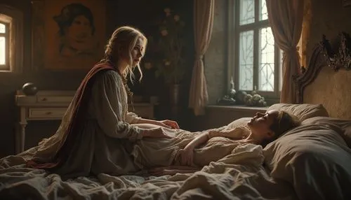 a lady sitting on a bed with a woman laying on it,frary,cersei,catelyn,lannisters,morgause,ermione,Photography,Documentary Photography,Documentary Photography 06