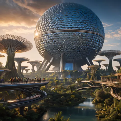 futuristic landscape,futuristic architecture,epcot center,epcot spaceship earth,futuristic art museum,terraforming,alien world,alien planet,valerian,epcot ball,mushroom landscape,fantasy city,mushroom island,sci fi,sci - fi,sci-fi,fantasy world,the hive,scifi,artificial island