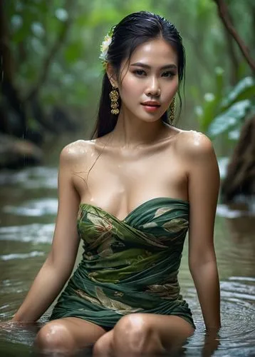 Beautiful Thai woman,dressed in a sarong  bathing suit sitting in a body of water, gorgeous chinese model, detailed body, vine dress, cambodia, photo blurring, wet make - up, in deep forest hungle, fu